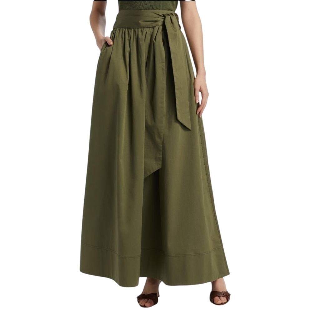 Toccin Sabine Tie Front Midi Skirt Stretch Cotton Pockets Olive S NWT